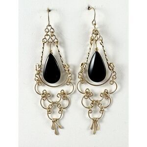 Handmade Black Onyx 14K Gold Filled Wire Wrapped Cabochon Stone Dangling Chandel
